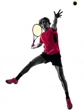 Tenis oyuncu adam izole siluet beyaz arka plan