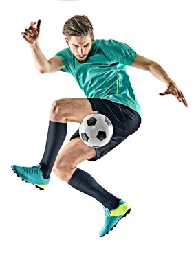 Futbol oyuncu adam izole jungling beyaz arka plan