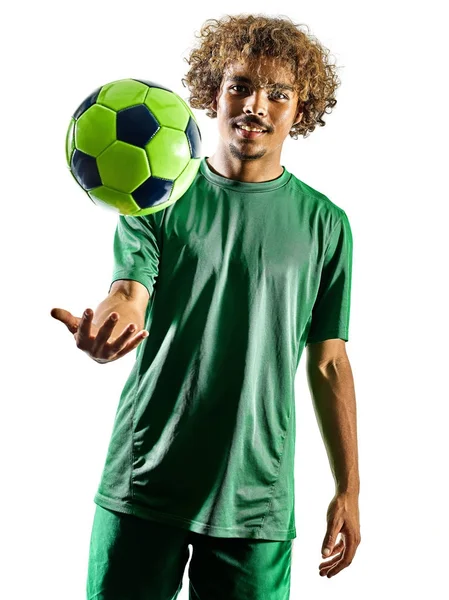 Młody nastolatek piłka nożna gracz człowiek sylwetka na białym tle — Zdjęcie stockowe