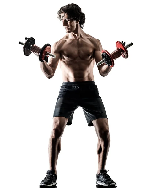 Man fitness weitghs training exercises isolated silhouette white — Stock Photo, Image