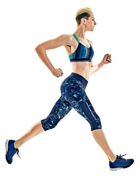 Beyaz arka plan jogging jogging yapan çalışan kadın runner izole