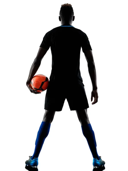 Ein afrikanischer Fußballer Mann isoliert weißen Hintergrund Silhouette — Stockfoto