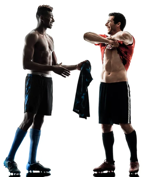 Futbol oyuncular erkekler siluet beyaz arka plan izole — Stok fotoğraf