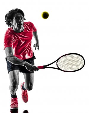 Tenis oyuncu adam izole siluet beyaz arka plan