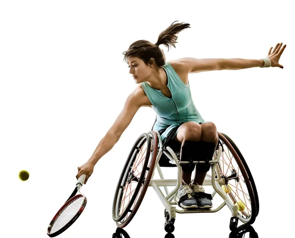 Jovem jogador de tênis deficiente mulher welchair esporte isolado si — Fotografia de Stock
