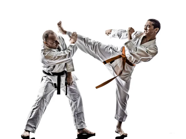 Karate men teenager student fighters fighting — Stock Photo, Image