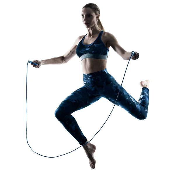 Vrouw fitness touw springen oefeningen silhouet — Stockfoto