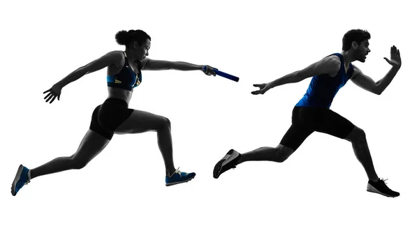 Atletismo relé corredores sprinters correndo corredores isolado silho — Fotografia de Stock