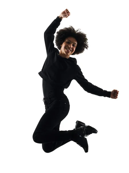 Młody nastolatek dziewczyna kobieta skoki isolat sylwetka szczęśliwy cień — Zdjęcie stockowe
