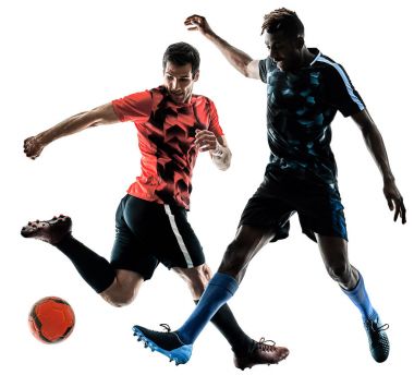 Futbol oyuncular erkekler siluet beyaz arka plan izole