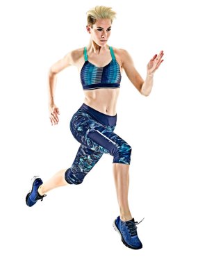 Beyaz arka plan jogging jogging yapan çalışan kadın runner izole