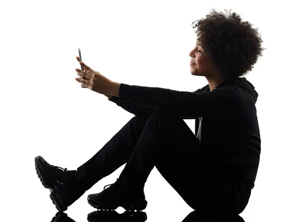 Mladý teenager dívka žena telefonní stín silueta, samostatný — Stock fotografie