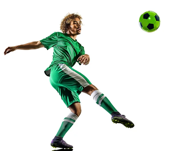 Młody nastolatek piłka nożna gracz człowiek sylwetka na białym tle — Zdjęcie stockowe