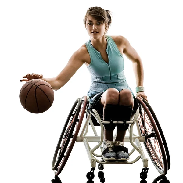 Jovem deficiente cesta jogador bola mulher cadeira de rodas esporte iso — Fotografia de Stock
