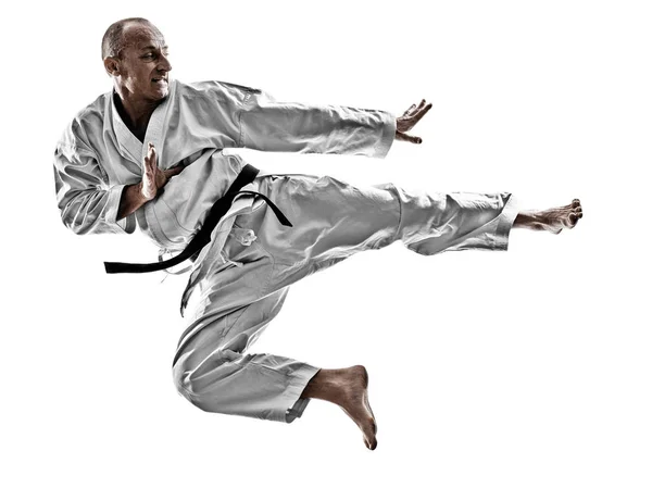 Karate mężczyzna na białym tle szkolenia — Zdjęcie stockowe