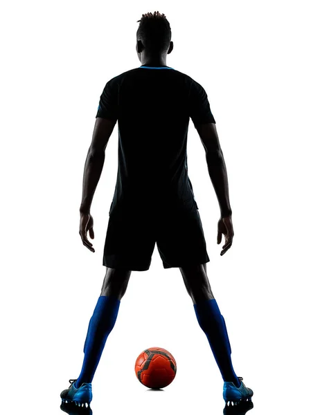 Ein afrikanischer Fußballer Mann isoliert weißen Hintergrund Silhouette — Stockfoto