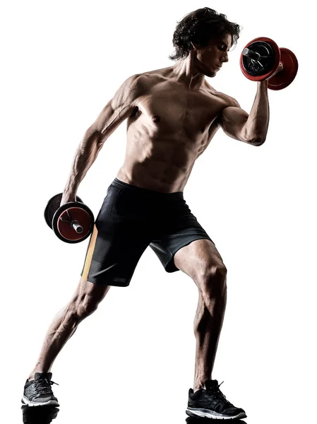 Uomo fitness weitghs esercizi di allenamento isolato silhouette bianco Fotografia Stock