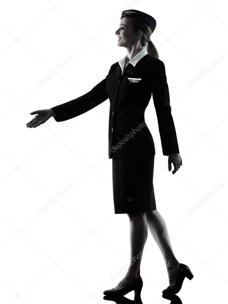 Stewardess cabin crew woman Handshaking isolated silhouette