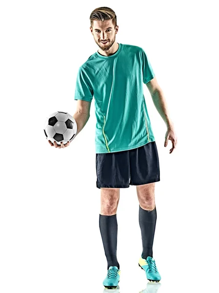 En fotboll spelare man stå isolerade vit bakgrund — Stockfoto