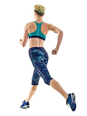 Beyaz arka plan jogging jogging yapan çalışan kadın runner izole