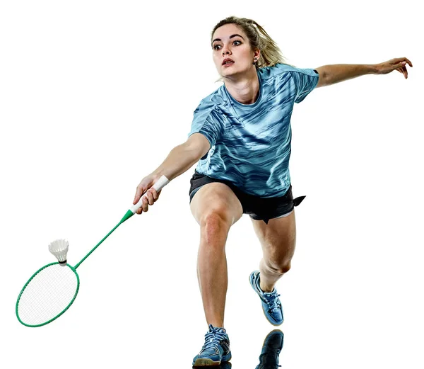 Młody nastolatek dziewczyna kobieta badmintonista na białym tle — Zdjęcie stockowe
