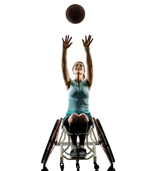 Joven discapacitado cesta pelota jugador mujer silla de ruedas deporte iso —  Fotos de Stock