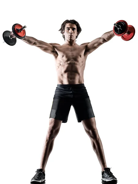 Man fitness weitghs training exercises isolated silhouette white — Stock Photo, Image