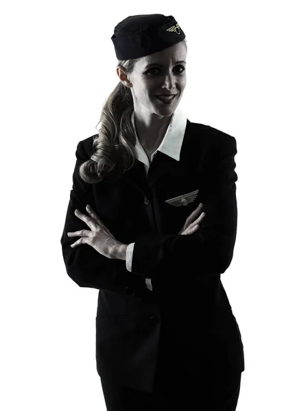 Hostess cabina equipaggio donna in piedi isolato silhouette — Foto Stock