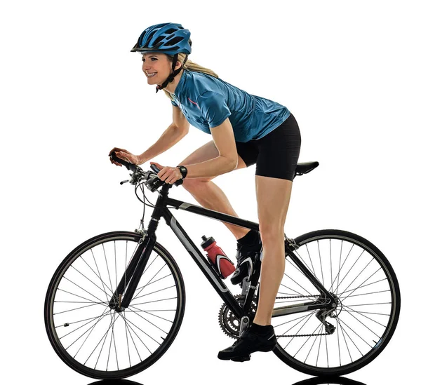 Ciclista ciclista ciclismo bicicleta mujer aislado fondo blanco — Foto de Stock