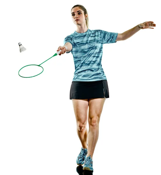 Młody nastolatek dziewczyna kobieta badmintonista na białym tle — Zdjęcie stockowe