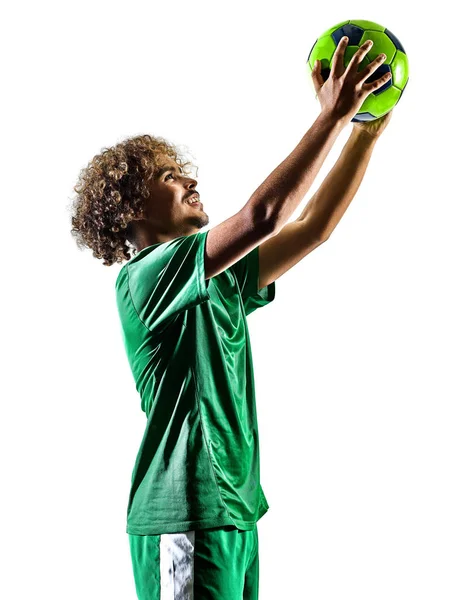 Ung tonåring fotboll spelare man silhuetten isolerade — Stockfoto