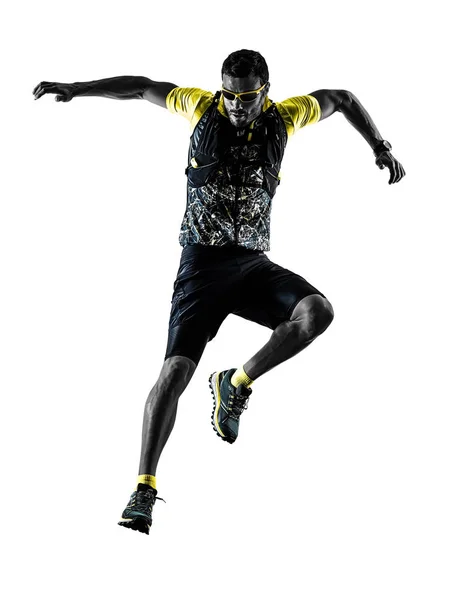 Man trail runner running isolated silhouette white background — Stock Photo, Image