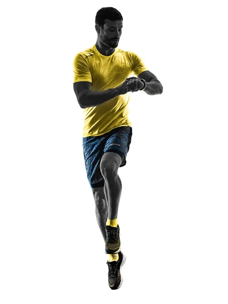 Homem corredor corredor corredor jogging tempo isolado silhueta branco — Fotografia de Stock
