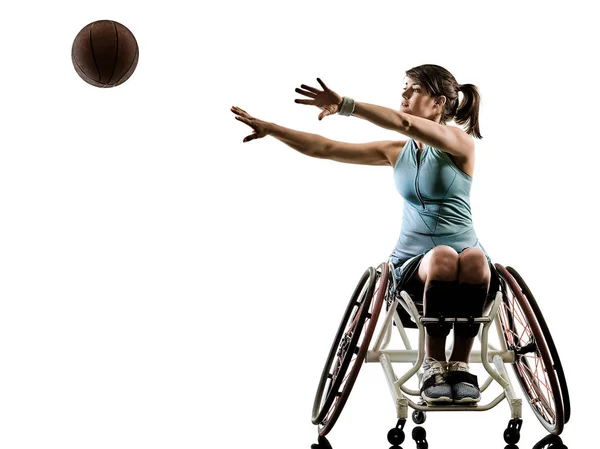 Joven discapacitado cesta pelota jugador mujer silla de ruedas deporte iso —  Fotos de Stock
