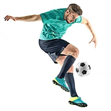 Futbol oyuncu adam izole jungling beyaz arka plan