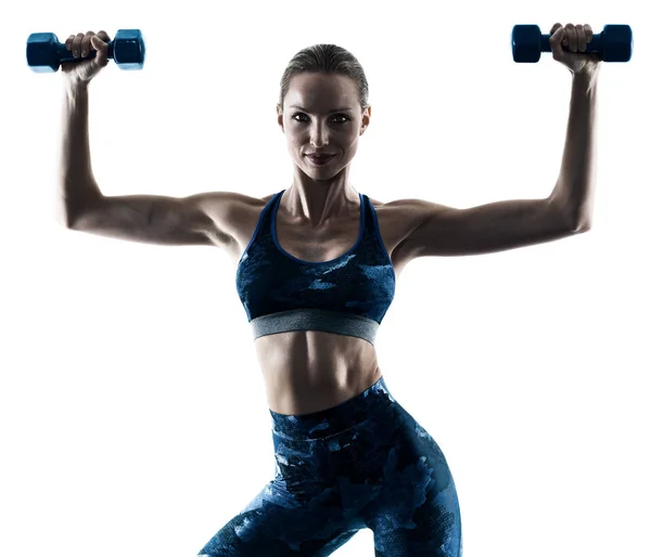 Mujer fitness pesos ejercicios silueta — Foto de Stock