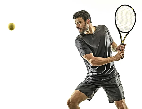 成熟的网球运动员腰部向上轮廓侧视孤立的白色背景 — 图库照片