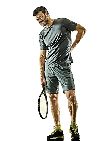 Зрелый теннисист человек физическая боль травма белый фон — стоковое фото