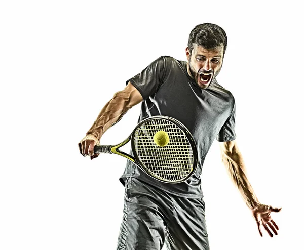 Mature tennis player man backhand portrait isolated white background — Stock Photo, Image