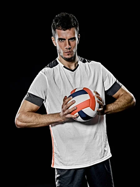 Caucasian young volley ball player manisolated black background — Stock Photo, Image