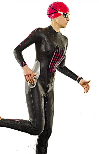 Donna triathlon triatleta ironman nuotatore costume da bagno isolato sfondo bianco — Foto Stock