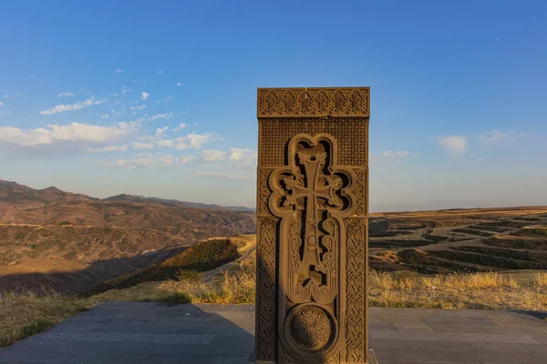 Khachkar tombstone Kornidzor landscape Khachkar caucasus mountain Artsakh Nagorno Karabakh Armenia landmark — Stock Photo, Image