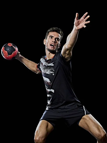 Caucásico joven balonmano jugador hombre aislado negro fondo —  Fotos de Stock