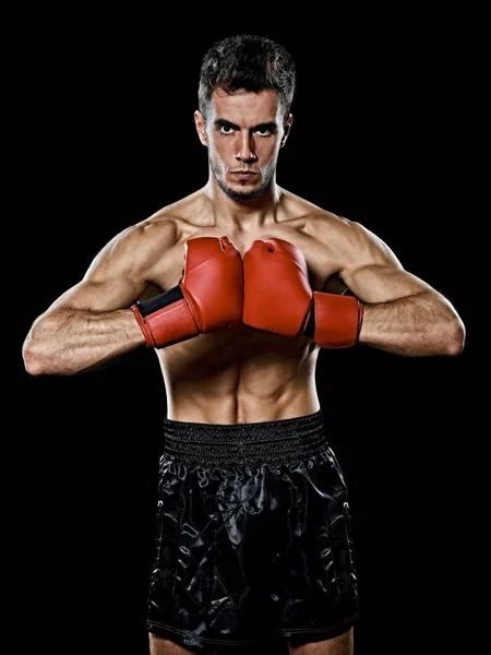 Caucasian young boxer boxing man portrait waist up isolated black background — Stock Photo, Image