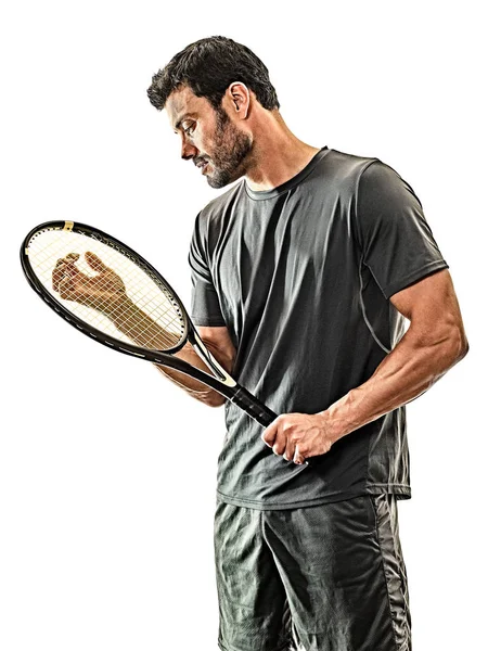 Dojrzały tenisista człowiek odizolowany biały tło — Zdjęcie stockowe