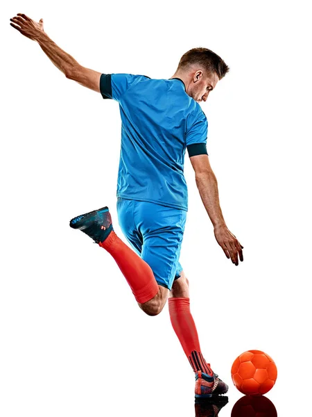 Junger Fußballer Mann isoliert weißen Hintergrund stehend — Stockfoto