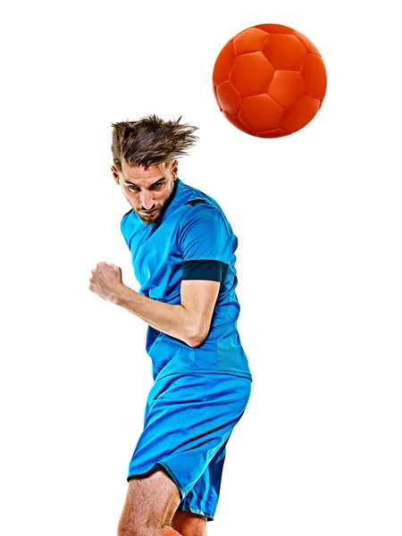 Young soccer player man isolated white background standing — Stock Photo, Image