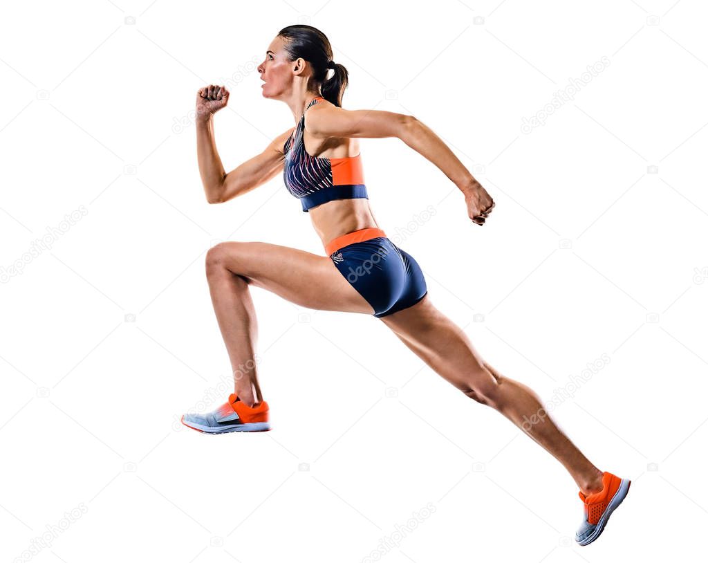 young woman runner running jogger jogging athletics isolated white background