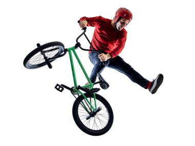Bmx sürücüsü bisikletçi serbest akrobatik akrobatik dublör izole beyaz arkaplan
