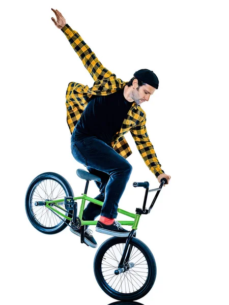 BMX rider cyclist cycling freestyle acrobatic stunt isolated white background — Stock Photo, Image